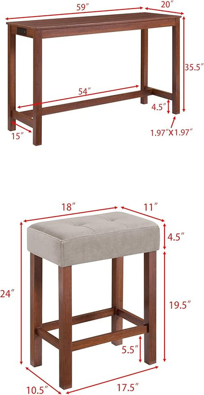 KEIKI 4-Piece Bar Table Set with Charging Station, 59" Industrial Kitchen Table with 3 Upholstered Stools, USB/Type-C/AC Outlets, Solid Wood Frame for Dining Room, Apartment, or Living Room, Cherry