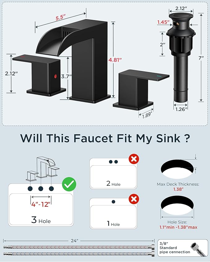 FORIOUS 2 Pack, Waterfall Bathroom Faucets 3 Hole, 8 Inch Widespread Square Matte Black Bathroom Sink Faucet with Metal Pop-up Drain and cUPC Supply Lines, Two Handles for Vanity, Restroom, Commercial