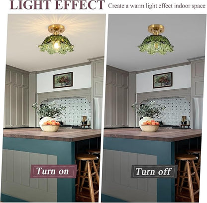 Semi Flush Mount Ceiling Light, Vintage Ceiling Light 11", Green Shade Glass Light Fixture for Kitchen Bedroom Dining Room,Bulb not Included