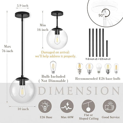 Bagood 10" Globe Pendant Light Black 2 Pack Mid Century Pendant Light Globe Pendant Lights Kitchen Island Matte Black Finished with Clear Glass Adjustable Ceiling Light Fixtures for Dining Room Bar