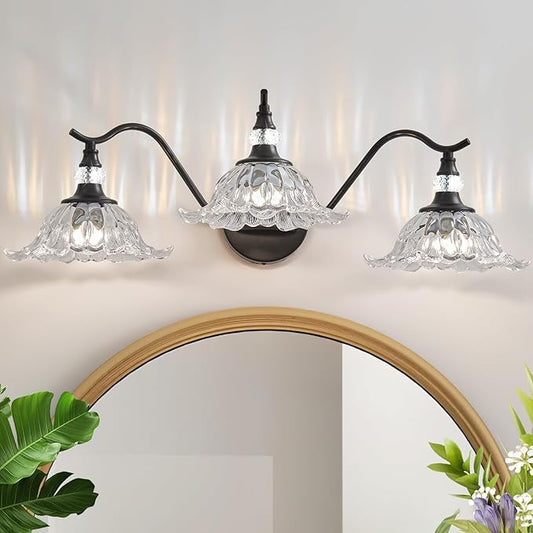 Vintage Bathroom Vanity Light Fixtures - 3 Light Antique Matte Black Bathroom Lights Fixture Over Mirror with Clear Flower Glass,Retro High End Wall-Mounted Vanity Lighting for Bath Powder Room