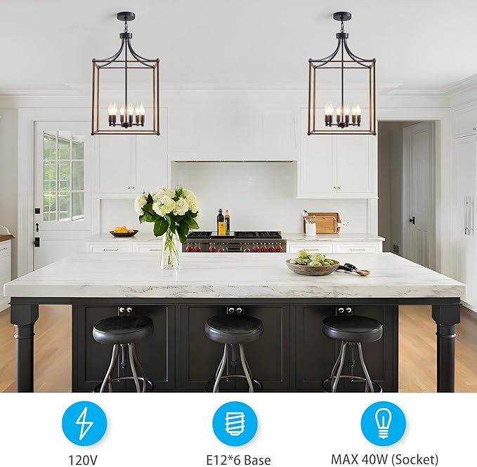XINGQI 15.7" Modern Farmhouse Chandeliers for Dining Room 6-Light Geometric Lantern Black Wood Grain Finish Cage Pendant Lighting Fixture for Staircase Foyer Kitchen Entryway