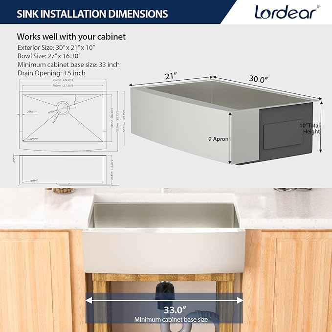 Lordear 30 Inch Farmhouse Kitchen Sink 16 Gauge 30"x21"x10" Stainless Steel Single Bowl Apron Front Undermount Farm Farmer Style Sink