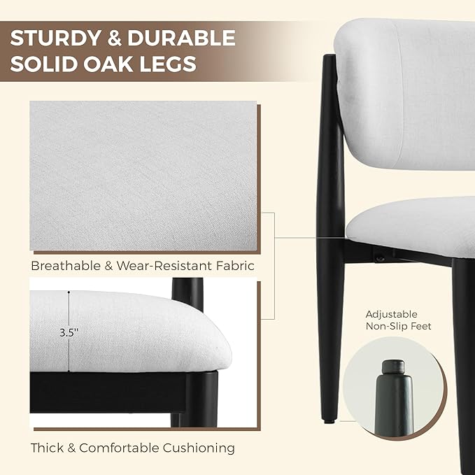 Casaphoria Dining Chairs Set of 2, Solid Black Wood Legs Upholstered Kitchen Chairs, Mid Century Modern Ergonomic Curved Back Accent Chair for Dining Room, Home Office and Vanity, White