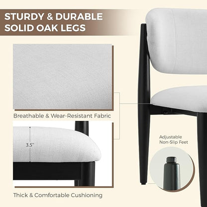 Casaphoria Dining Chairs Set of 2, Solid Black Wood Legs Upholstered Kitchen Chairs, Mid Century Modern Ergonomic Curved Back Accent Chair for Dining Room, Home Office and Vanity, White