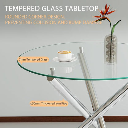 36" Round Glass Dining Table for 4, Modern Dining Room Table with Silver Metal Cross Legs, Adjustable Foot Pads, Tempered Glass Top Kitchen Dinner Tables for Kitchen Dining Room Small Apartment