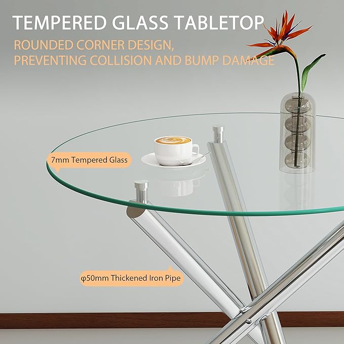 Glass Dining Table,36'' Round Dining Kitchen Table,Modern X-Design Dining Room Table with Silver Metal Base for Dining Room