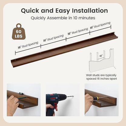 FLYJOE Picture Ledge Shelf, Floating Shelves Set of 2, Solid Pine Wood 72'' Long Large Nursery Book Shelves for Toys Storage, Kids Bookshelf for Living Room Bedroom Decor Books Photo Frames, Walnut