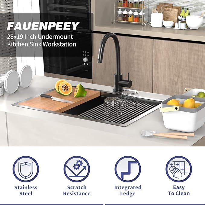 Black Kitchen Sink Workstation,28"x19" Stainless Steel Undermount Single Bowl Sink Built-in Ledge Drop In Workstation Sink For Placing/Sliding Accessories-Cutting Board,Drying Rack,Colander