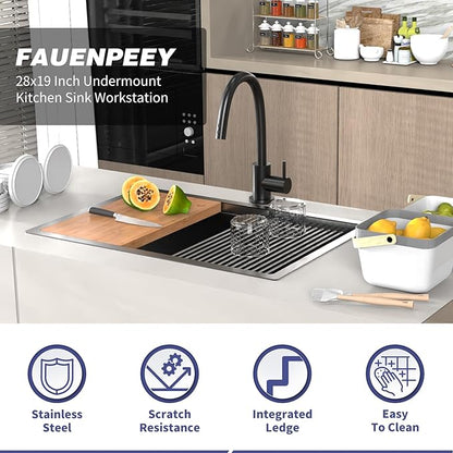 Black Kitchen Sink Workstation,28"x19" Stainless Steel Undermount Single Bowl Sink Built-in Ledge Drop In Workstation Sink For Placing/Sliding Accessories-Cutting Board,Drying Rack,Colander