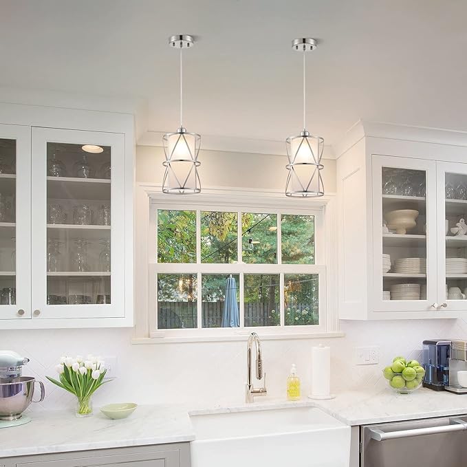 Pendant Lights Kitchen Island with Frosted Glass, Brushed Nickel Hanging Kitchen Lights, Cylindrical Modern Pendant Light, Kitchen Pendant Lighting Over Island, Foyer, Dining Room, Entryway