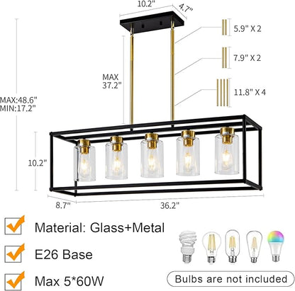 5 Light Dining Room Light Fixture Modern Farmhouse Chandeliers Over Table Black & Brushed Brass Gold Rectangular Pendent Lighting for Kitchen with Glass Shade Hanging Industrial Ceiling Light