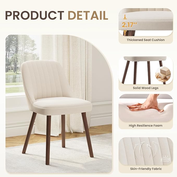MALOL Upholstered Dining Chairs Set of 6, Modern Fabric Kitchen Chairs with Back, Wood Legs for Kitchen Dining Room Restaurant, Beige