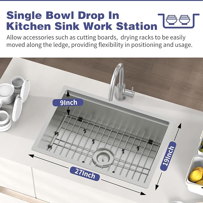 Kitchen Sink Workstation,27"x19" Stainless Steel Undermount Single Bowl Sink Built-in Ledge Drop In Workstation Sink Design For Placing/Sliding Accessories-Cutting Board And Drying Rack