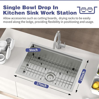 Kitchen Sink Workstation,27"x19" Stainless Steel Undermount Single Bowl Sink Built-in Ledge Drop In Workstation Sink Design For Placing/Sliding Accessories-Cutting Board And Drying Rack