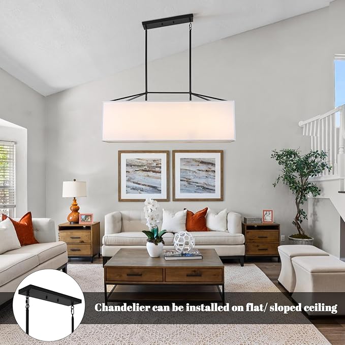 Dining Room Light Fixture Black Chandelier for Entryway 7-Light Large Linear Rectangle Island Lighting White Fabric Kitchen Pendant Light for Kitchen Bedroom Foyer Living Room