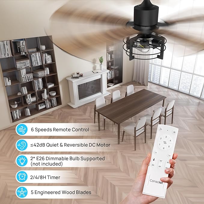 Consciot 52 Inch Ceiling Fans With Lights Remote, Modern Farmhouse Caged Ceiling Fan, Reversible Motor, 5 Double Finish Wood Blades, Rustic Ceiling Fan For Porch, Living Rooms, Bedroom, Hunter Black