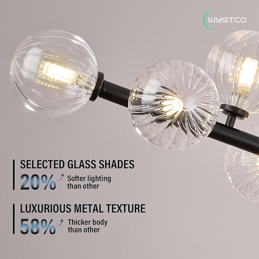 56 Inch Black Linear Chandeliers for Dining Room, Kitchen Island, Living Room, 16-Light Mid Century Modern Light Fixture Over Table, Large Clear Glass Globe Sputnik Bubble Chandelier