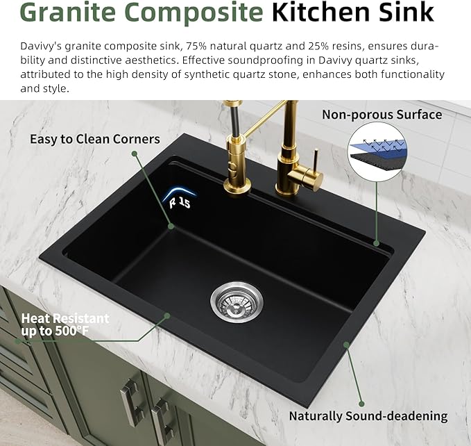 Davivy 25 Inch Black Granite Composite Kitchen Sink Workstation, Quartz Kitchen Sink Black, Drop in & Undermount Installation, Single Bowl Design with Accessories
