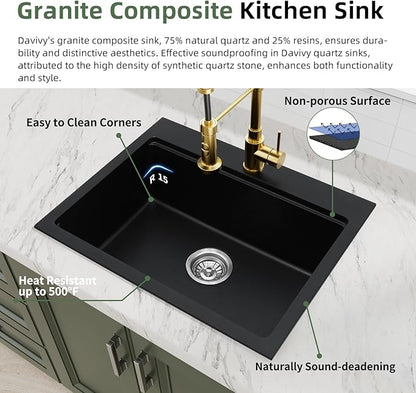 Davivy 25 Inch Black Granite Composite Kitchen Sink Workstation, Quartz Kitchen Sink Black, Drop in & Undermount Installation, Single Bowl Design with Accessories