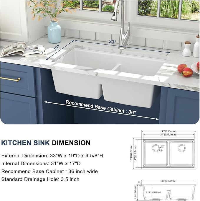 Lordear 33 Inch Granite Composite Kitchen Sink Double Bowl 33"X19" White Undermount 50/50 Workstation Quartz Sink With Ledge Classic Under Counter Basin