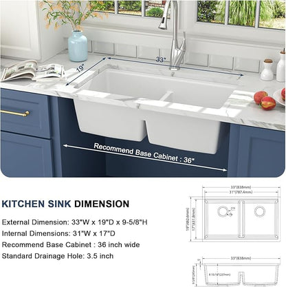Lordear 33 Inch Granite Composite Kitchen Sink Double Bowl 33"X19" White Undermount 50/50 Workstation Quartz Sink With Ledge Classic Under Counter Basin