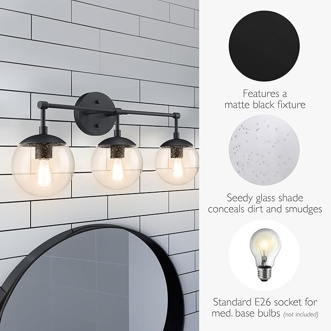 Design House Gracelyn 3-Light Dimmable Bathroom Vanity Light, Seeded Glass, Matte Black, 24.03 in W x 8 in D x 11.65 in H, 588889-BLK