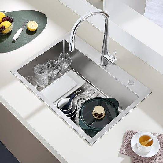 POPFLY 25×18 Drop in Kitchen Sink, 18 Guage 304 Stainless Steel 9 Inch Deep Farmhouse Sink, 25 Inch Top mount Single Bowl 2 Holes Laundry Utility Rv Sink, Brushed Nickel