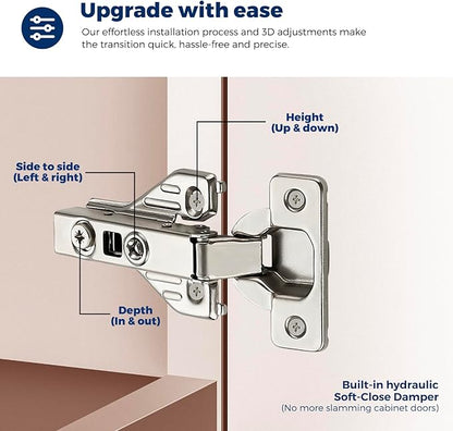 Ravinte 10 Pairs 20 Packs Full Overlay Cabinet Door Hinges,105 Degree Adjustable Concealed Kitchen Cabinet Hinges Soft Close for Face Frame Cabinet