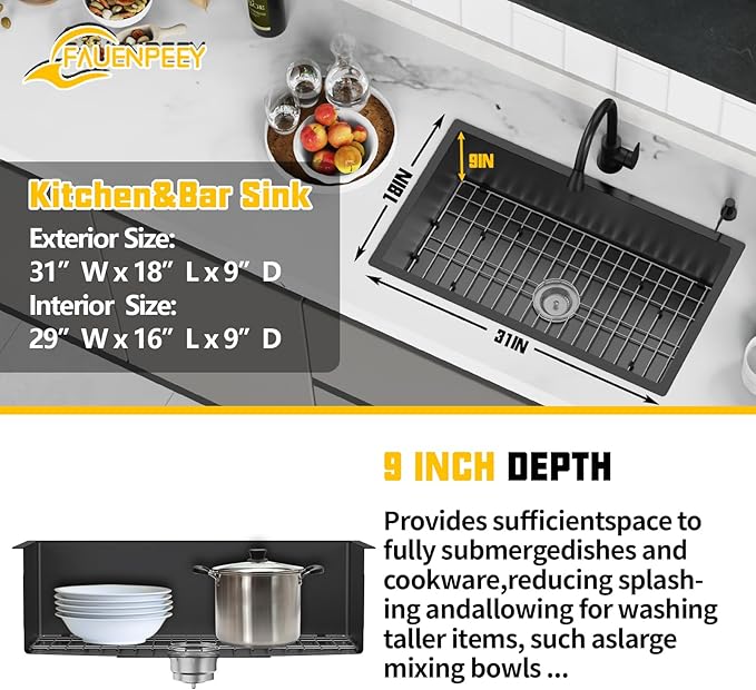 Black 31x18 Inch Undermount Kitchen Sink-Stainless Steel Single Bowl Drop In Kitchen Sink Stylish And Modern Look With Bottom Grid,Silicon Mat And Drain Assembly Add Elegance & Enhance Usability