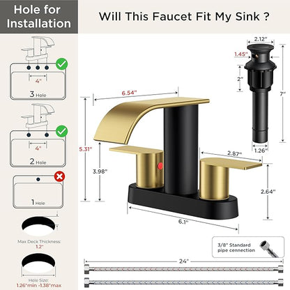 FORIOUS Black and Gold Bathroom Faucets, Waterfall 4 Inch Centerset Bathroom Sink Faucet with Metal Pop up Drain and cUPC Hose for Basin, Vanity, RV, Pedestal 2 or 3 Hole Sink