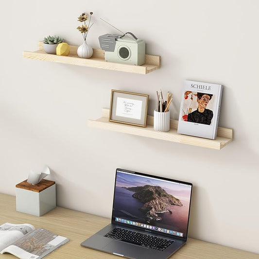 FLYJOE Picture Ledge Shelf for Wall, 24 inch Solid Ash Wood Nursery Book Shelves 2 Packs, Floating Shelves for Kids' Room Bedroom Bathroom Living Room Photo Frames Office Nursey Wall Decor, Natural