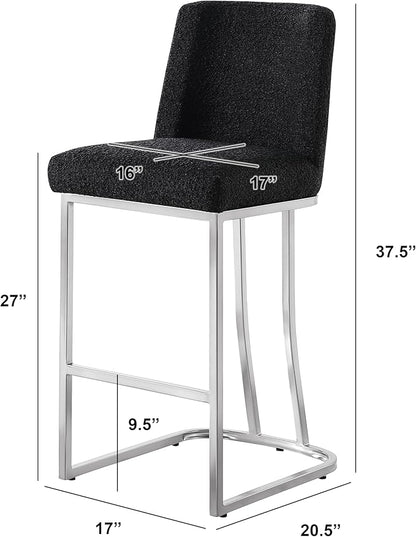 Modern Chairs Set of 2, Chrome Side Chairs & Counter Stools with Ring Pull Back, Luxury Upholstered Chairs for Kitchen Island, Dining Room & Home Bar (Boucle, Black/Silver, Counter Height Chair)