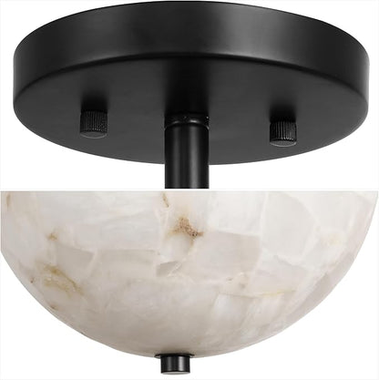 JONATHAN Y 12" White Marbling/Black Modern 2-Light LED Semi Flush Mount Light, Inverted Dome Ceiling Fixture with White Alabaster Shade for Bedroom, Hallway, LED Bulbs Included (JYL1205B)