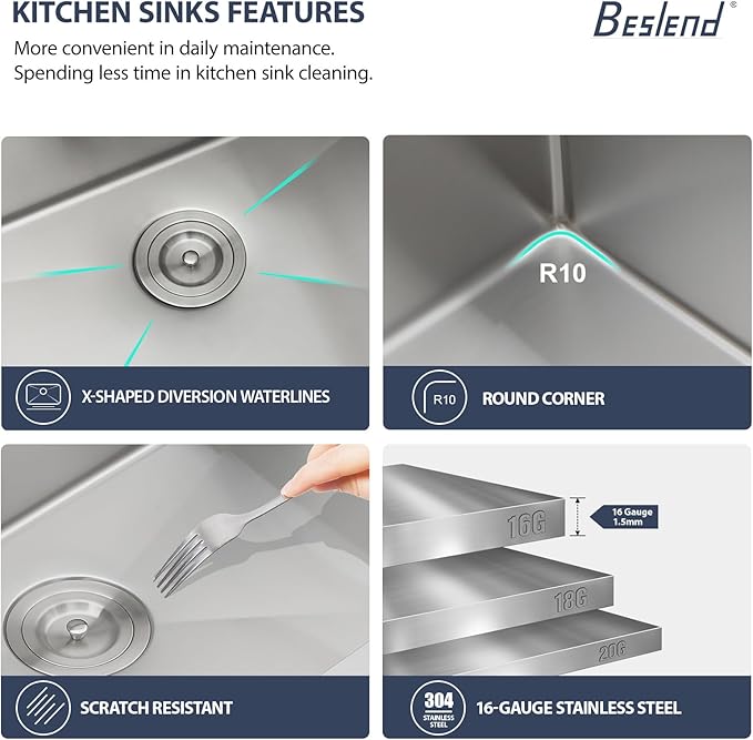 13 Inch Stainless Steel Outdoor Prep Sink - Beslend 16 Gauge Undermount Bar Sink with Folding Faucet & Cover, Waterproof for Indoor/Outdoor Kitchen, Grill Station, Poolside,13x15x9 In