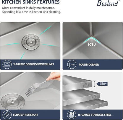 13 Inch Stainless Steel Outdoor Prep Sink - Beslend 16 Gauge Undermount Bar Sink with Folding Faucet & Cover, Waterproof for Indoor/Outdoor Kitchen, Grill Station, Poolside,13x15x9 In