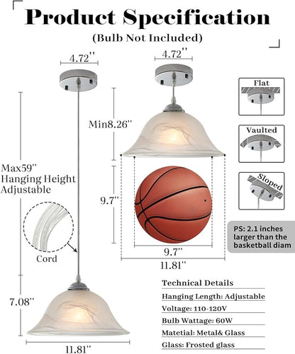 Chrome Pendant Lights Kitchen Island, 11.8 Inch Vintage Alabaster Glass Pendant Lights, White Farmhouse Pendant Light 2 Pack, Glass Pendant Light for Dinning Room, Living Room，Bedroom