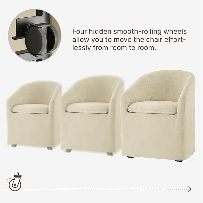 KISLOT Upholstered Dining Chairs with Casters, Washable Cover Modern Dining Room Chairs with Barrel Backrest & Dual Armrest for Kitchen, Living Room, Bedroom, Sand Fabric, 2PCS