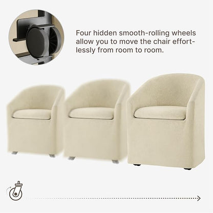 KISLOT Upholstered Dining Chairs with Casters, Washable Cover Modern Dining Room Chairs with Barrel Backrest & Dual Armrest for Kitchen, Living Room, Bedroom, Sand Fabric, 2PCS