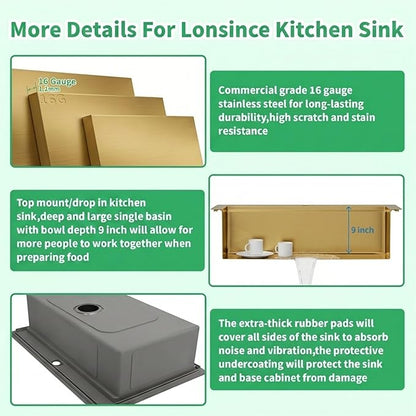 Gold Kitchen Sink 26" X 22",Drop In/Top Mount 16 Gauge Stainless Steel Workstation Sink,Deep & Large Single Bowl Kitchen Sinks (Gold, 26" X 22")