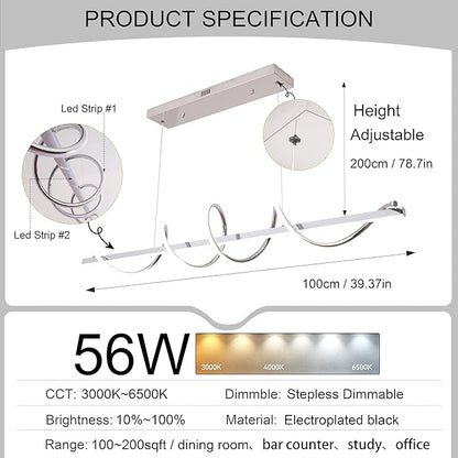 Modern LED Pendant Light for Kitchen Island Lighting,Dimmable Modern Chandelier Color Changing Dining Room Chandelier Light Fixture Creative Twisted into Beautiful Shape in Electroplated Chrome