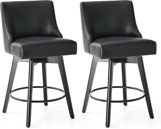 Counter Height Bar Stools Set of 2, Swivel Barstools with Backs and Wood Legs, Faux Leather Upholstered Counter Stools for Kitchend Island, Mid-Century Modern 26" Seat Height Bar Chairs, Black