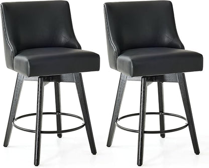Counter Height Bar Stools Set of 2, Swivel Barstools with Backs and Wood Legs, Faux Leather Upholstered Counter Stools for Kitchend Island, Mid-Century Modern 26" Seat Height Bar Chairs, Black