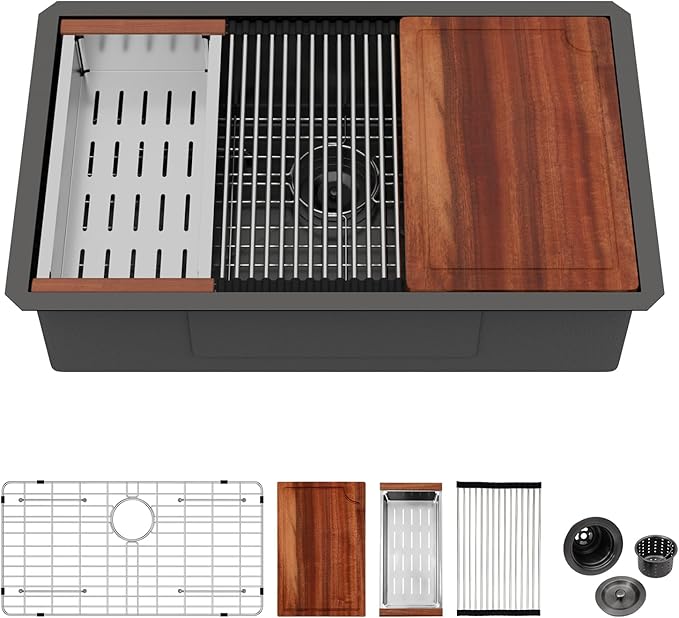 Logmey 30x19 Gunmetal Black Undermount Kitchen Sink 30 Inch Workstation Nano-PVD Stainless Steel Sinks 16 Gauge Single Bowl Kitchen Sink with Accessories 30x19x9