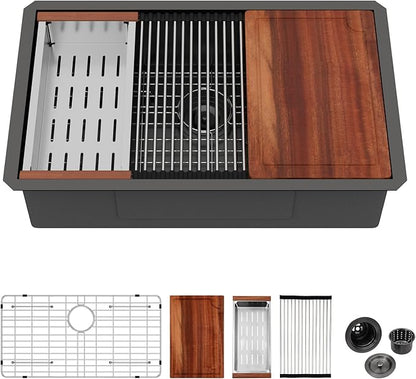 Logmey 30x19 Gunmetal Black Undermount Kitchen Sink 30 Inch Workstation Nano-PVD Stainless Steel Sinks 16 Gauge Single Bowl Kitchen Sink with Accessories 30x19x9