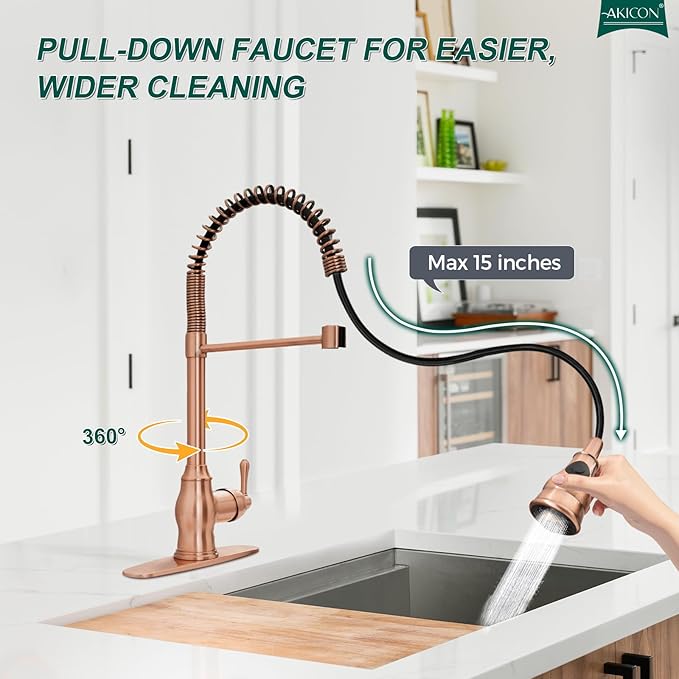 Akicon One-Handle Pre-Rinse Pull-Down Spring Copper Kitchen Faucet - Including 5Years Warranty Akicon …