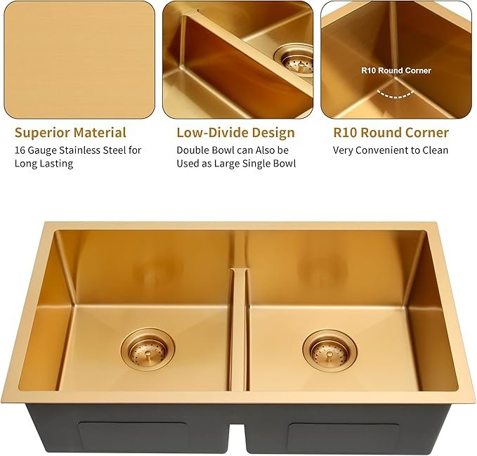 32 inch Double Bowl Kitchen Sink,Gold Undermount Kitchen Sink 32 X 18 inch,16 Gauge Stainless Steel Undermount Sinks,Special Low-Divide Design
