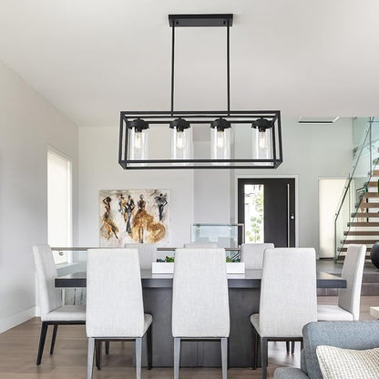 Black Dining Room Light Fixtures, Farmhouse Chandeliers for Dining Room Rustic Kitchen Island Light Fixtures Vintage Antique Linear Adjustable Hanging Pendant Light with Clear Glass Shade