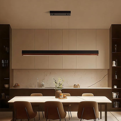 39" Wood Linear Pendant Light, 24W LED Hanging Pendant Light, Dimmable Kitchen Island Lighting with Remote, Adjustable Linear Chandelier for Dining Room, Kitchen Island, Bar, Office-Walnut