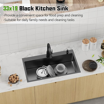 Black 33x19 In Drop In Kitchen Sink-Stainless Steel Topmount Modern Single Bowl Kitchen Sink Come With Silicon Mat,Drain Strainer Set Offer Large Basin And Compatibility With Various Kitchen&Bar Style